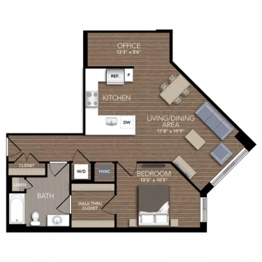Rendering of the A2 floor plan with 1 bedroom[s] and 1 bathroom[s] at Union Place
