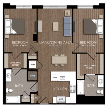 Rendering of the B1B floor plan with 2 bedroom[s] and 2 bathroom[s] at Union Place