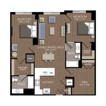 Rendering of the C2A floor plan with 2 bedroom[s] and 2 bathroom[s] at Union Place
