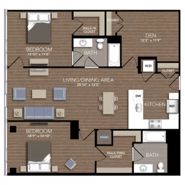 Rendering of the B4 Den floor plan with 2 bedroom[s] and 2 bathroom[s] at Union Place