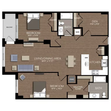 Rendering of the C4A Den floor plan with 2 bedroom[s] and 2 bathroom[s] at Union Place