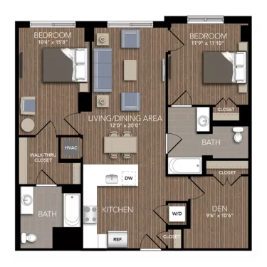 Rendering of the B1A floor plan with 2 bedroom[s] and 2 bathroom[s] at Union Place