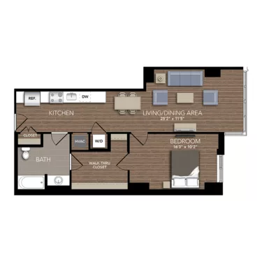 Rendering of the A5B floor plan with 1 bedroom[s] and 1 bathroom[s] at Union Place