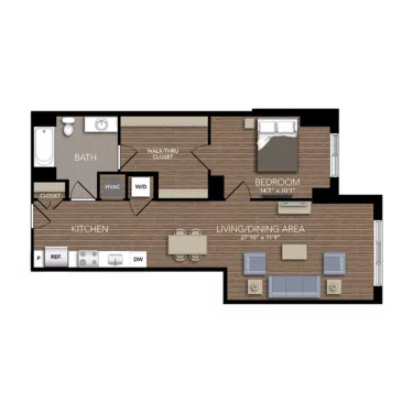 Rendering of the A5 floor plan with 1 bedroom[s] and 1 bathroom[s] at Union Place