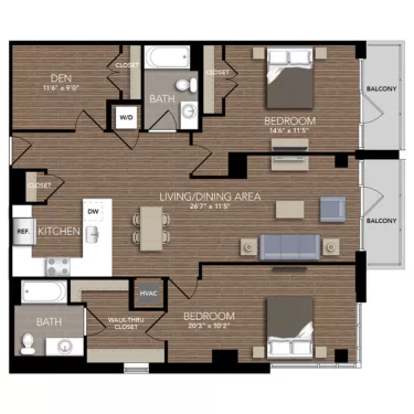 Rendering of the C4 Den floor plan with 2 bedroom[s] and 2 bathroom[s] at Union Place