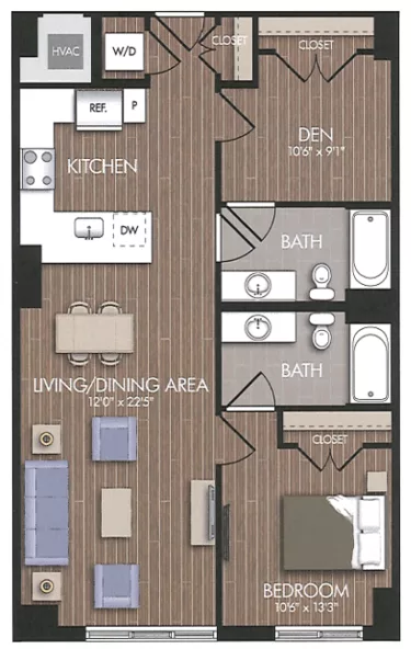 Rendering of the B6 Den floor plan with 1 bedroom[s] and 2 bathroom[s] at Union Place