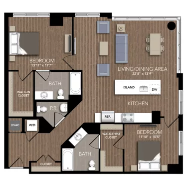 Rendering of the B2A floor plan with 2 bedroom[s] and 2.5 bathroom[s] at Union Place