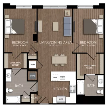 Rendering of the B1B floor plan with 2 bedroom[s] and 2 bathroom[s] at Union Place