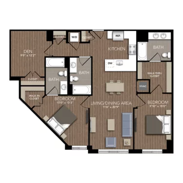 Rendering of the B3 floor plan with 2 bedroom[s] and 3 bathroom[s] at Union Place