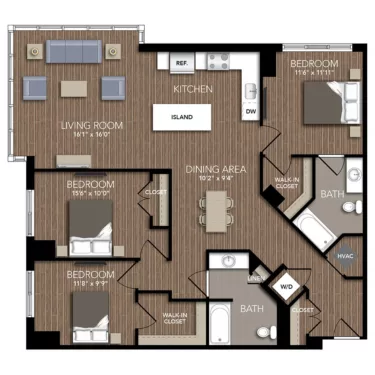 Rendering of the C1 floor plan with 3 bedroom[s] and 2 bathroom[s] at Union Place