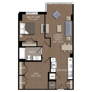 Rendering of the A8 Den floor plan with 1 bedroom[s] and 1 bathroom[s] at Union Place