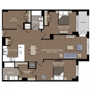 Rendering of the B5 Den floor plan with 2 bedroom[s] and 2 bathroom[s] at Union Place