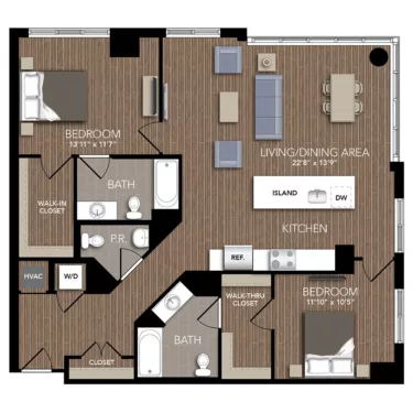 Rendering of the B2A floor plan with 2 bedroom[s] and 2.5 bathroom[s] at Union Place