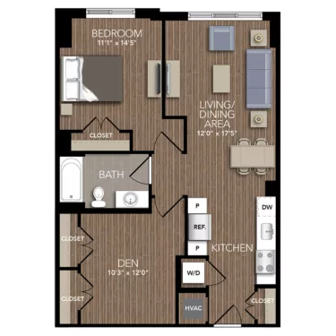 Rendering of the A6 Den floor plan with 1 bedroom[s] and 1 bathroom[s] at Union Place