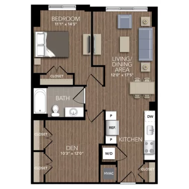 Rendering of the A6 Den floor plan with 1 bedroom[s] and 1 bathroom[s] at Union Place