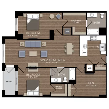 Rendering of the C3A Den floor plan with 2 bedroom[s] and 2 bathroom[s] at Union Place