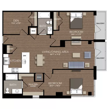 Rendering of the C4 Den floor plan with 2 bedroom[s] and 2 bathroom[s] at Union Place