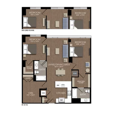 Rendering of the B1 floor plan with 2 bedroom[s] and 2 bathroom[s] at Union Place