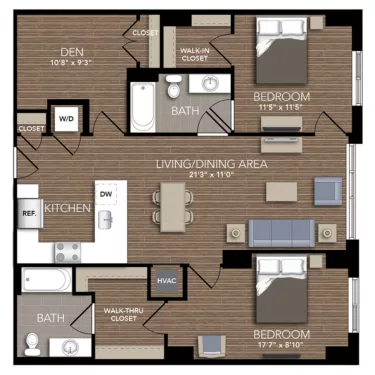 Rendering of the C2B Den floor plan with 2 bedroom[s] and 2 bathroom[s] at Union Place