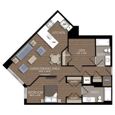 Rendering of the A9 Den floor plan with 1 bedroom[s] and 2 bathroom[s] at Union Place