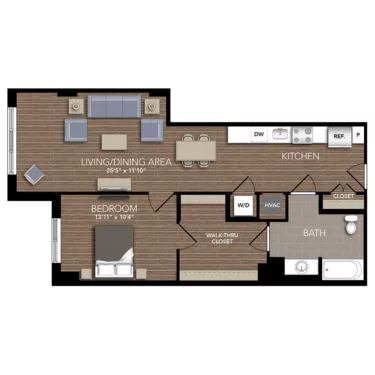 Rendering of the A5C floor plan with 1 bedroom[s] and 1 bathroom[s] at Union Place