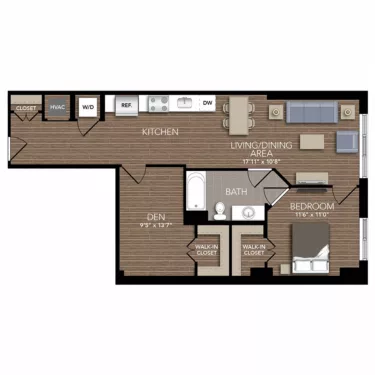 Rendering of the A14 Den floor plan with 1 bedroom[s] and 1 bathroom[s] at Union Place