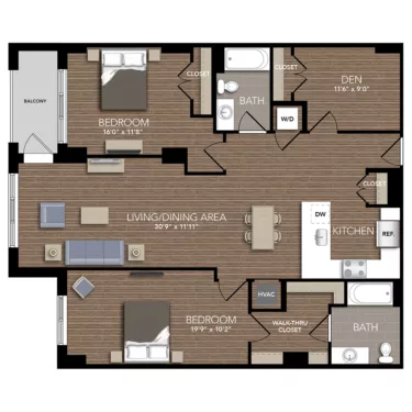 Rendering of the C4A Den floor plan with 2 bedroom[s] and 2 bathroom[s] at Union Place