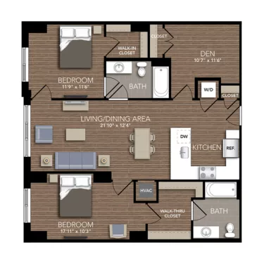 Rendering of the B1C floor plan with 2 bedroom[s] and 2 bathroom[s] at Union Place