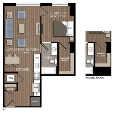 Rendering of the A1 floor plan with 1 bedroom[s] and 1 bathroom[s] at Union Place