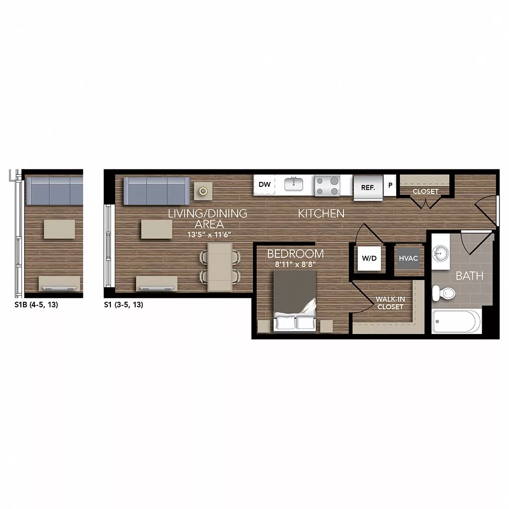 Rendering of the S1 floor plan with a Studio bedroom and 1 bathroom[s] at Union Place