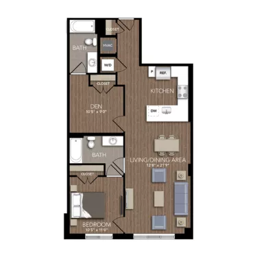 Rendering of the A11 floor plan with 1 bedroom[s] and 2 bathroom[s] at Union Place