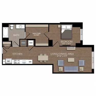 Rendering of the A5 floor plan with 1 bedroom[s] and 1 bathroom[s] at Union Place