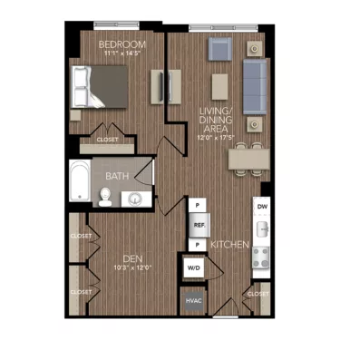 Rendering of the A6 floor plan with 1 bedroom[s] and 1 bathroom[s] at Union Place