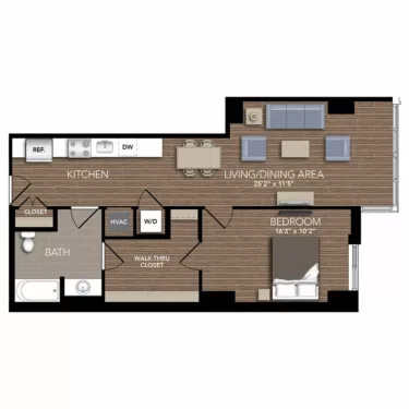 Rendering of the A5B floor plan with 1 bedroom[s] and 1 bathroom[s] at Union Place