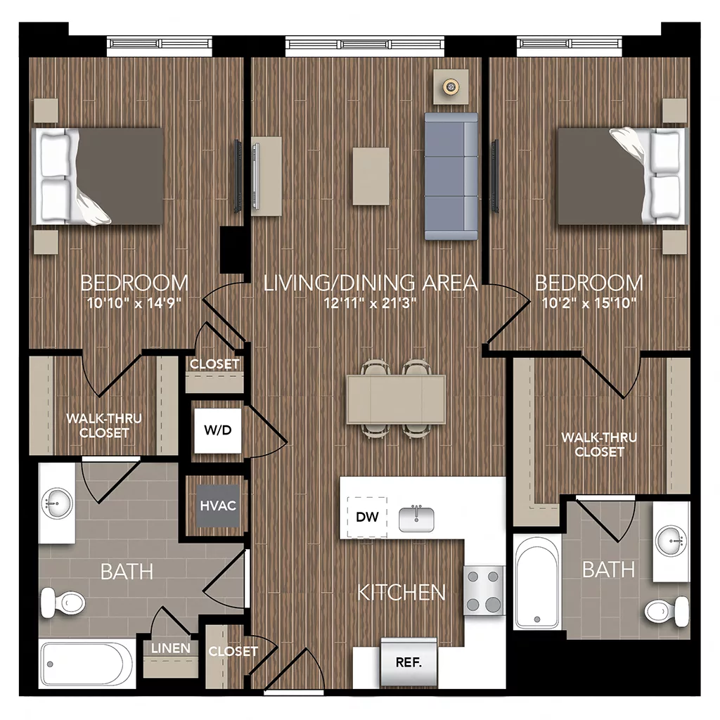 Rendering of the B1B floor plan with 2 bedroom[s] and 2 bathroom[s] at Union Place
