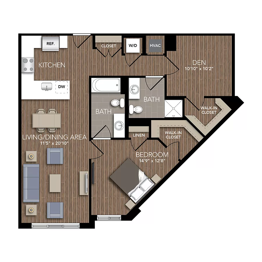 Rendering of the A13 floor plan with 1 bedroom[s] and 2 bathroom[s] at Union Place