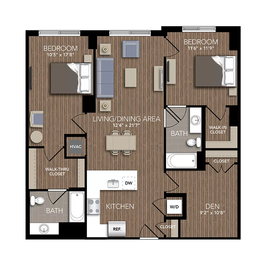 Rendering of the C2A floor plan with 2 bedroom[s] and 2 bathroom[s] at Union Place