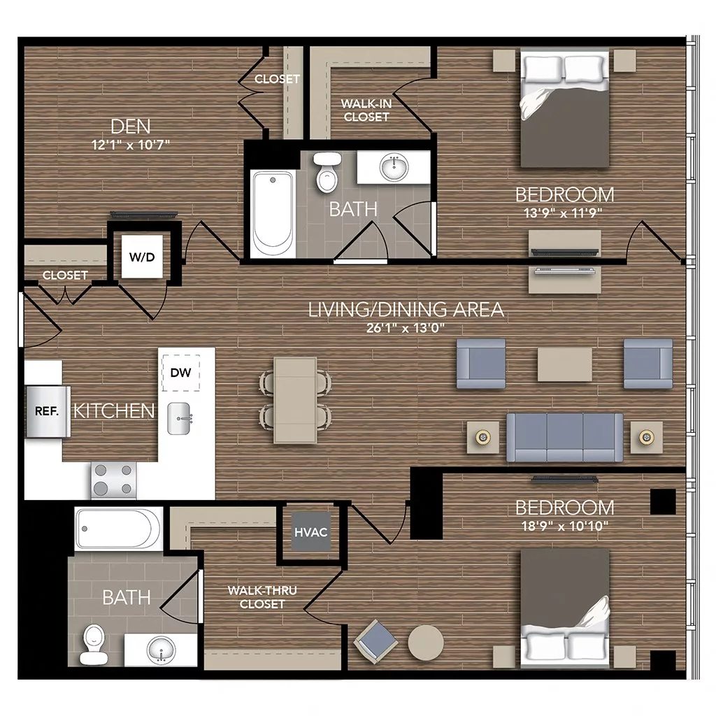 Rendering of the C3 Den floor plan with 2 bedroom[s] and 2 bathroom[s] at Union Place