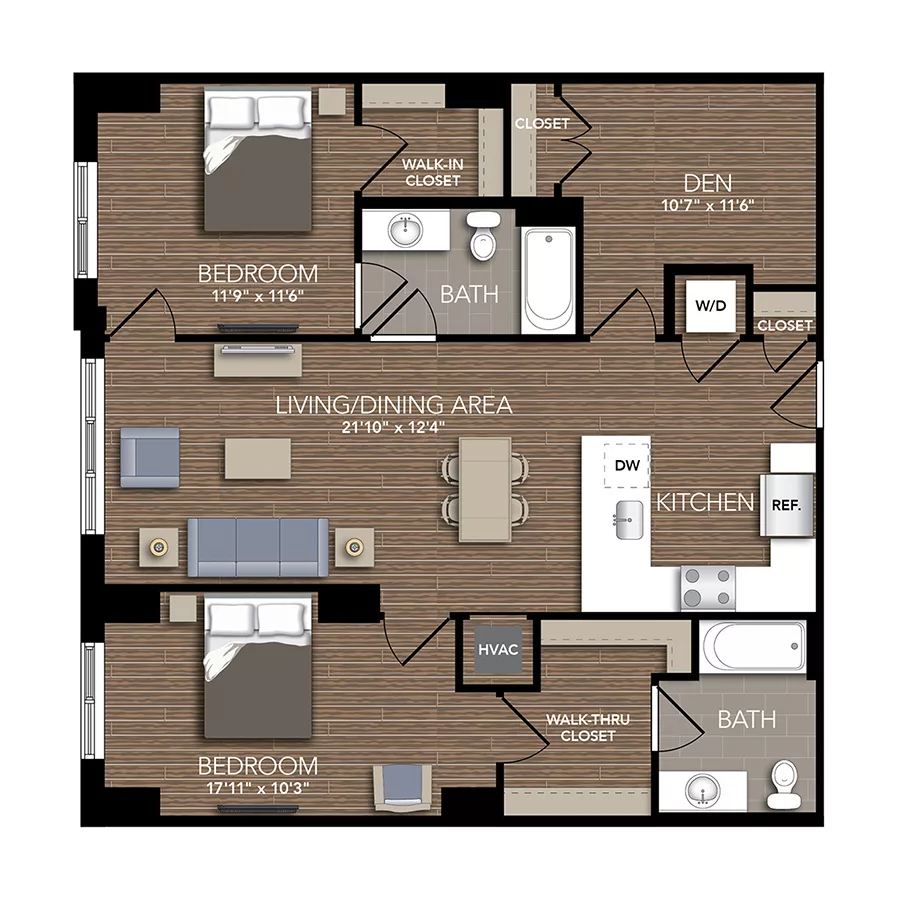 Rendering of the B1C floor plan with 2 bedroom[s] and 2 bathroom[s] at Union Place