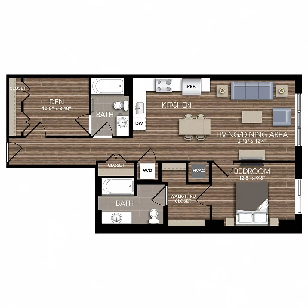 Rendering of the A12 Den floor plan with 1 bedroom[s] and 2 bathroom[s] at Union Place
