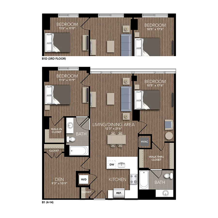 Rendering of the B1 floor plan with 2 bedroom[s] and 2 bathroom[s] at Union Place