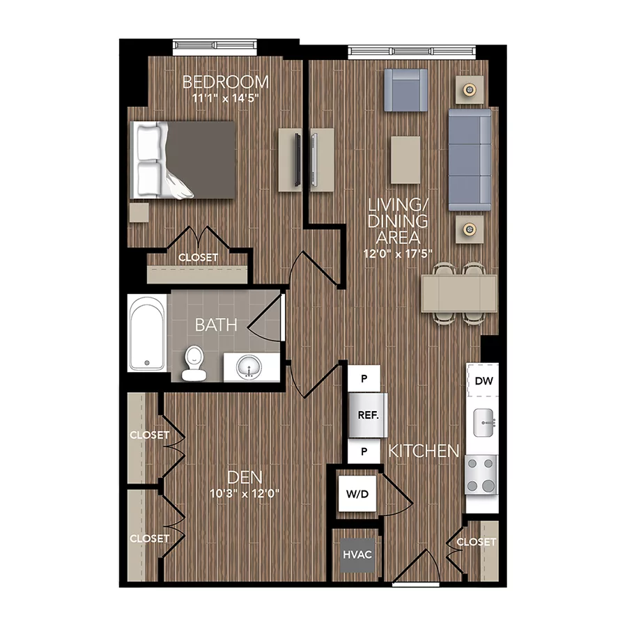 Rendering of the A6 floor plan with 1 bedroom[s] and 1 bathroom[s] at Union Place