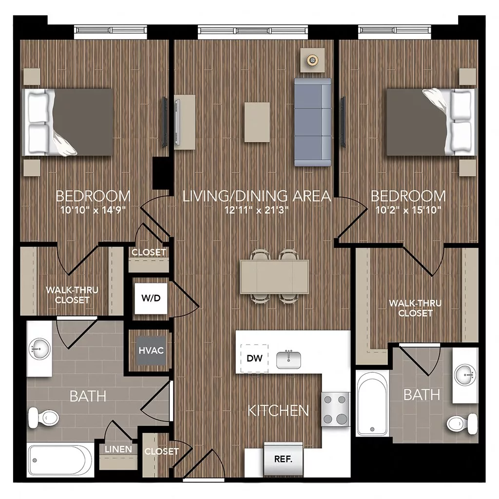 Rendering of the B1B floor plan with 2 bedroom[s] and 2 bathroom[s] at Union Place