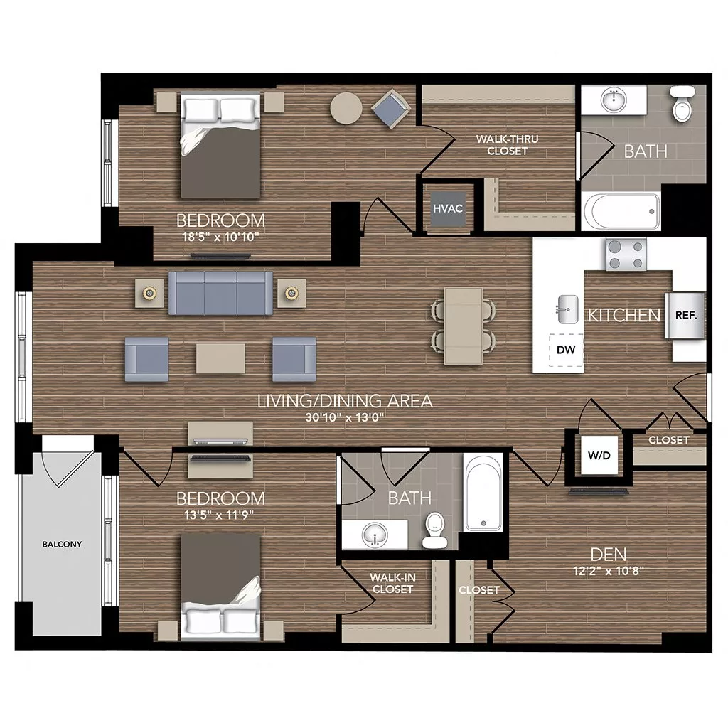 Rendering of the C3A Den floor plan with 2 bedroom[s] and 2 bathroom[s] at Union Place