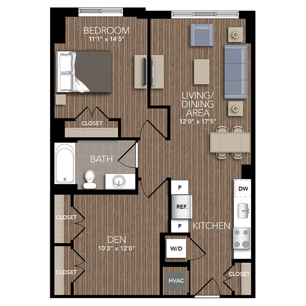 Rendering of the A6 Den floor plan with 1 bedroom[s] and 1 bathroom[s] at Union Place