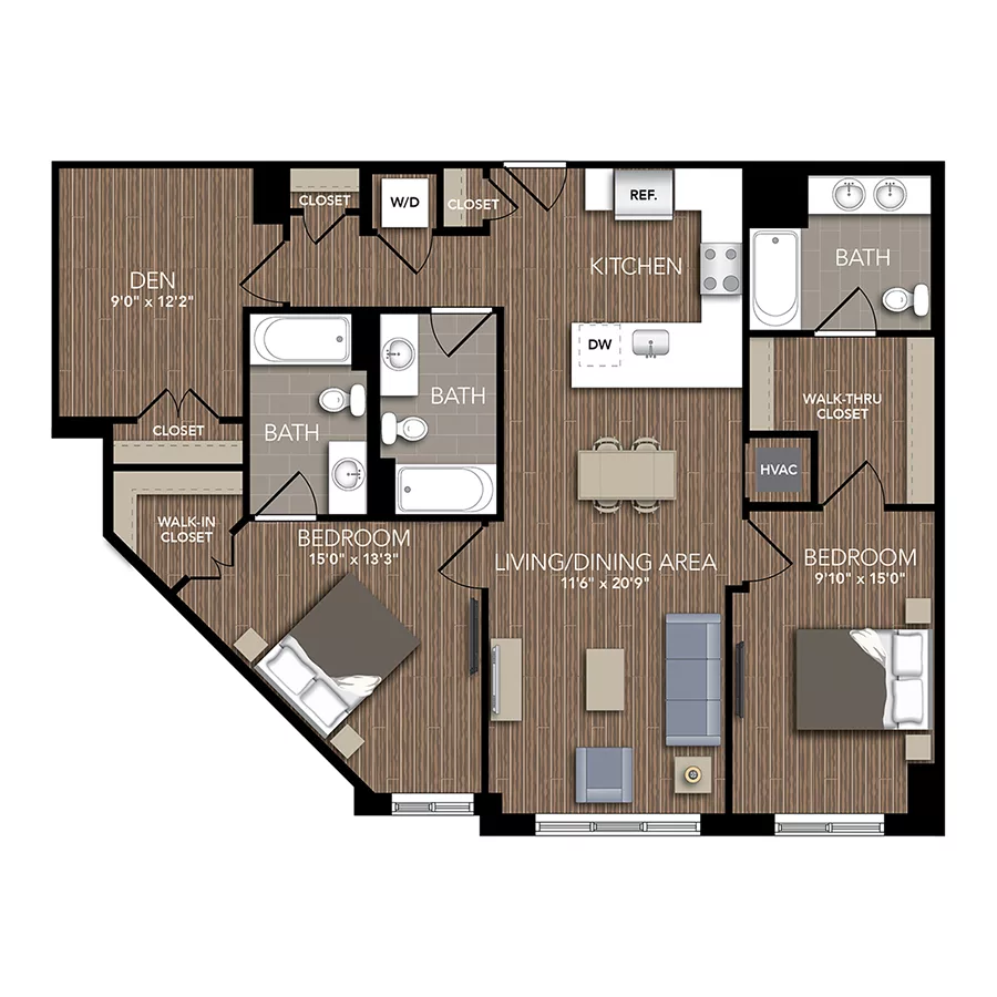 Rendering of the B3 floor plan with 2 bedroom[s] and 3 bathroom[s] at Union Place