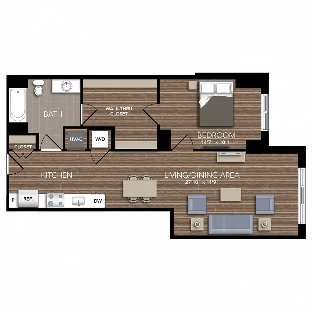 Rendering of the A5 floor plan with 1 bedroom[s] and 1 bathroom[s] at Union Place