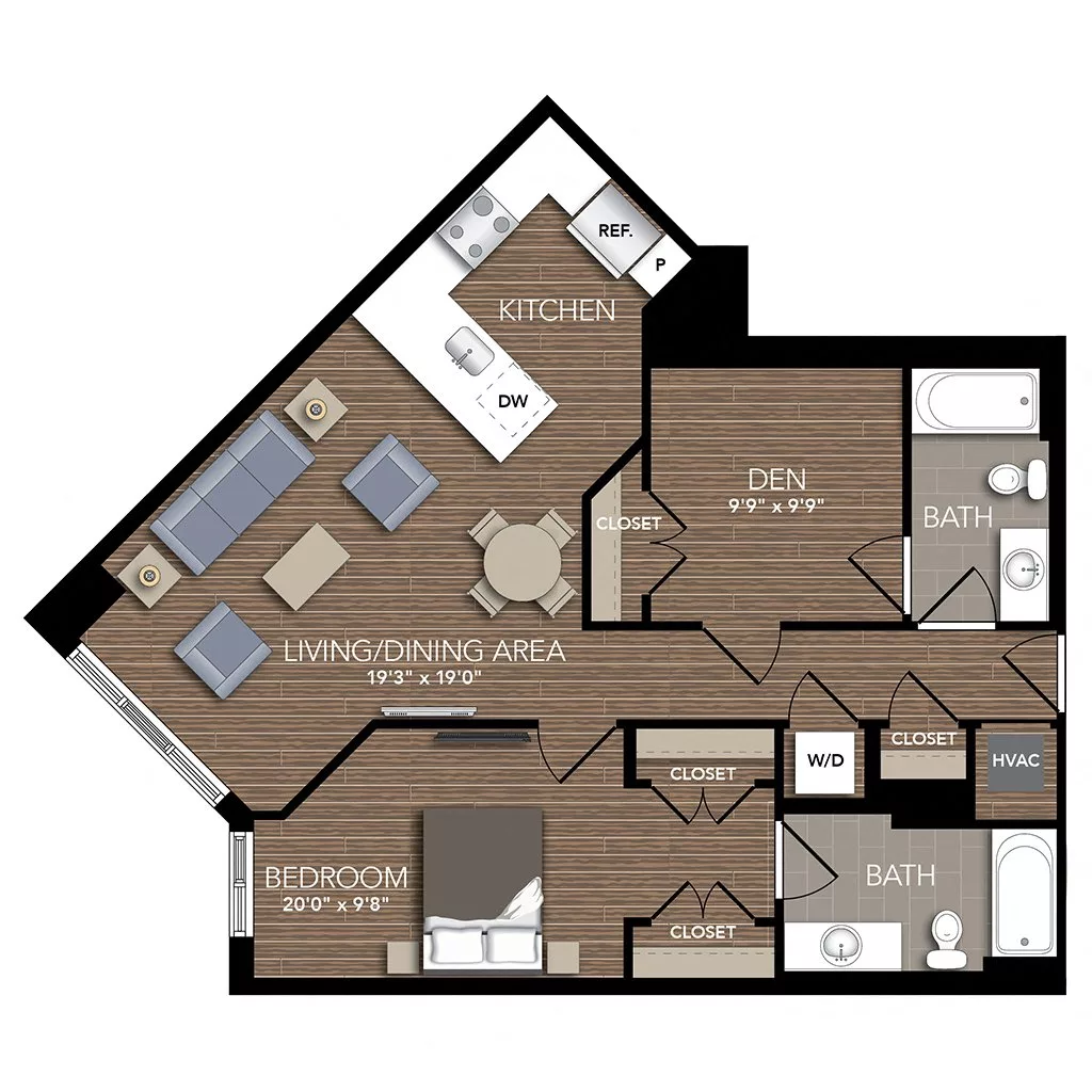 Rendering of the A9 Den floor plan with 1 bedroom[s] and 2 bathroom[s] at Union Place