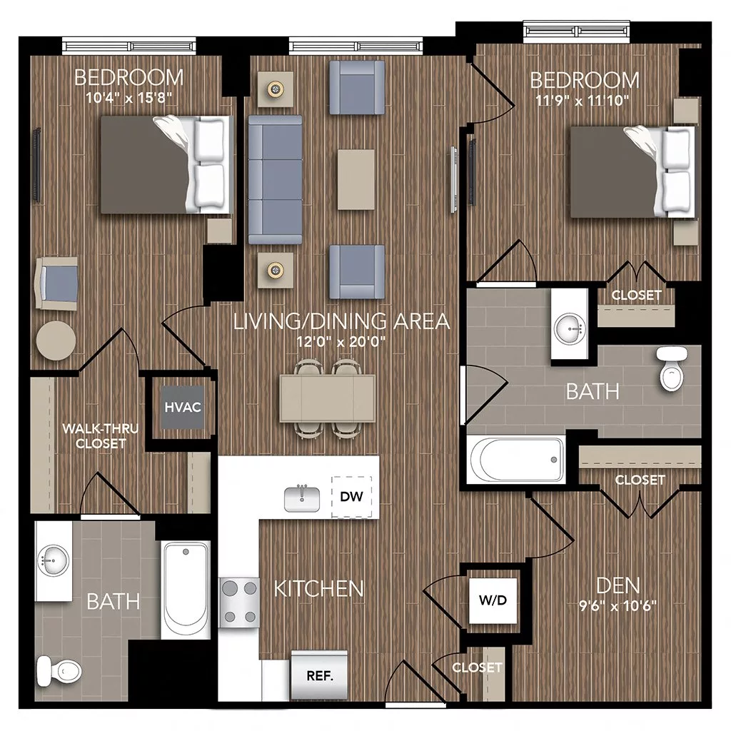Rendering of the B1A Den floor plan with 2 bedroom[s] and 2 bathroom[s] at Union Place