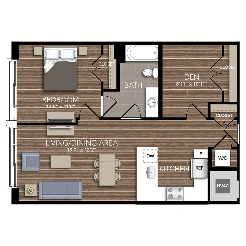 Rendering of the A7 floor plan with 1 bedroom[s] and 1 bathroom[s] at Union Place
